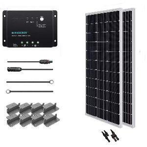 2 paneles solares de 100 W. cada uno, kit de 200 W. con cable solar, regulador de 30 A. y soportes