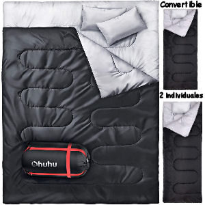 Saco de dormir doble con 2 almohadas gratis, saco de 220x150 cm. convertible en 2 individuales, incluye bolsa de transporte y tiradores de doble cremallera